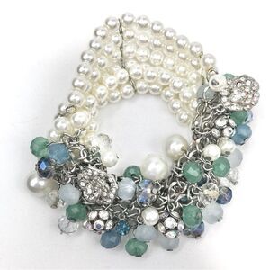Blue Bead Rhinestone White Pearl Multi Strand Dangle Stretch Bracelet